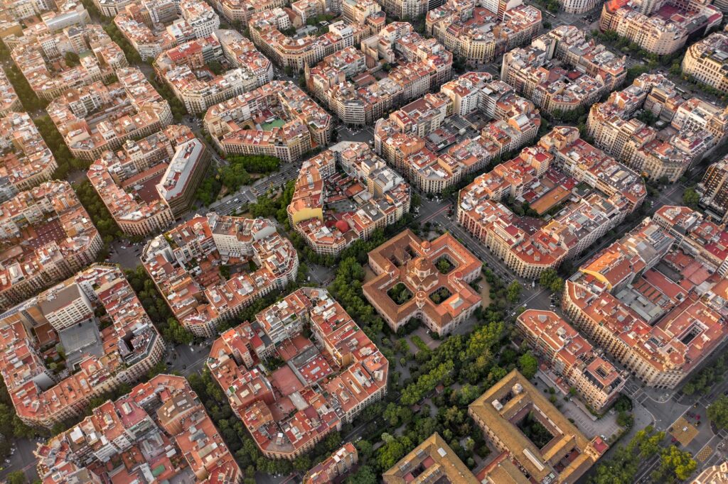 Spanish City of Barcelona City Aerial View at Sunset